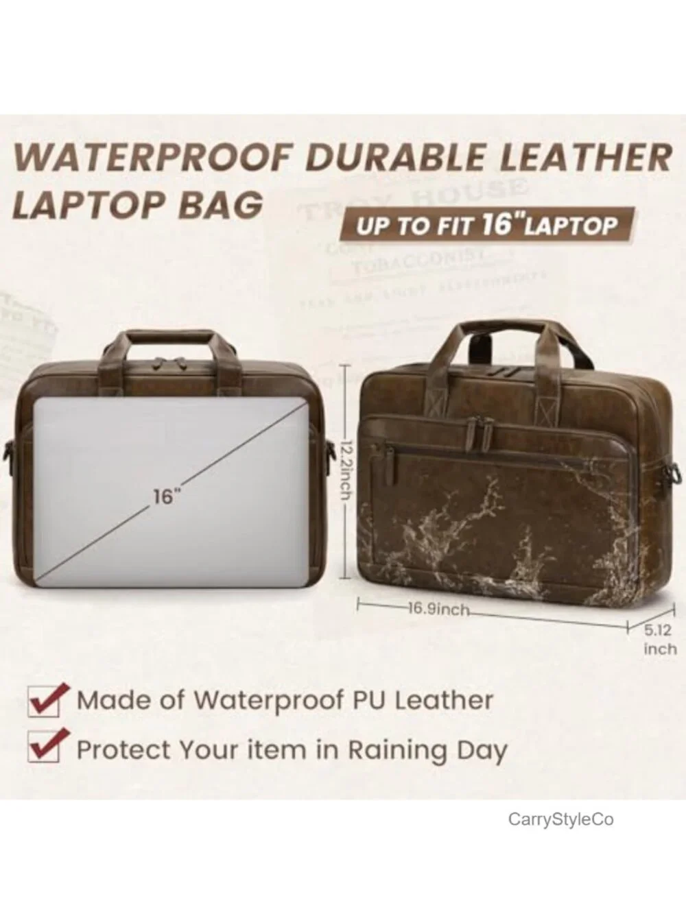Leather Messenger Laptop Bag for Men 16 Inch Briefcase